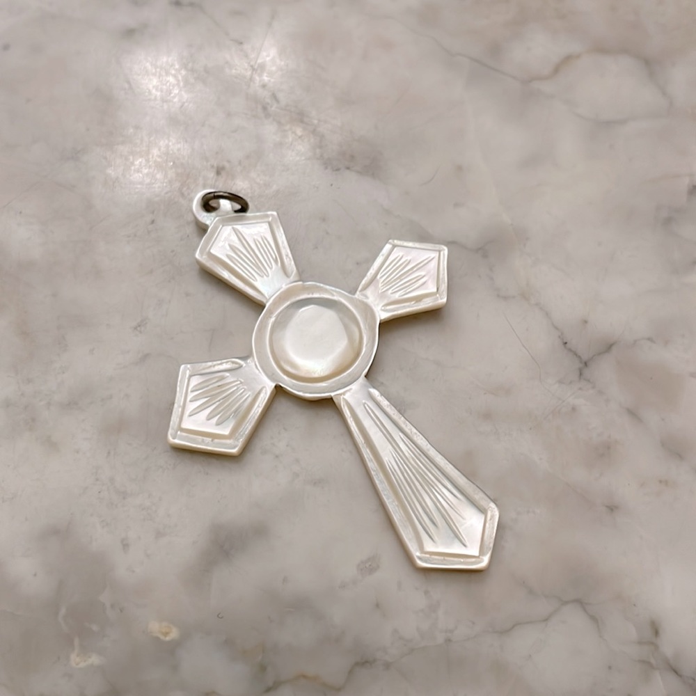 Vintage Mother of Pearl Cross Pendant Hand Carved Religious Shell Necklace Charm